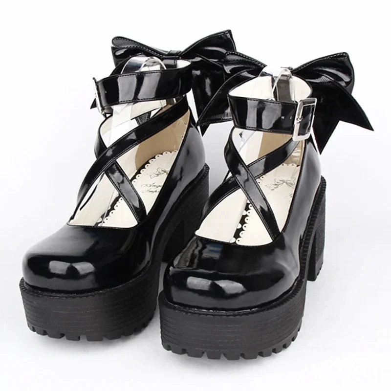 Kobieta Anime Kaname Madoka Lolita księżniczka Cosplay skórzane buty damskie buty na wysokim obcasie wiosna jesień buty na platformie z kokardką — zdjęcie 2