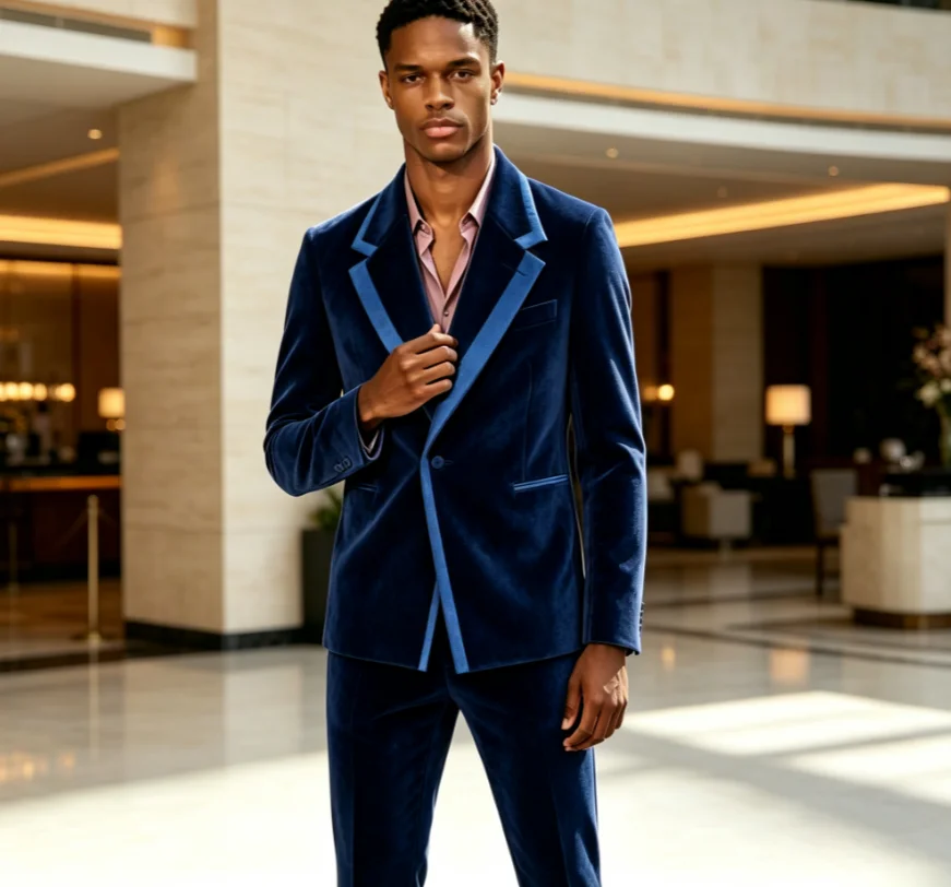 Men Velvet Suit 2 Pieces Contrast Lapel Blazer Pants Set Luxury Wedding Party Tuxedo Suit For Men Formal Business Jacket Trouser