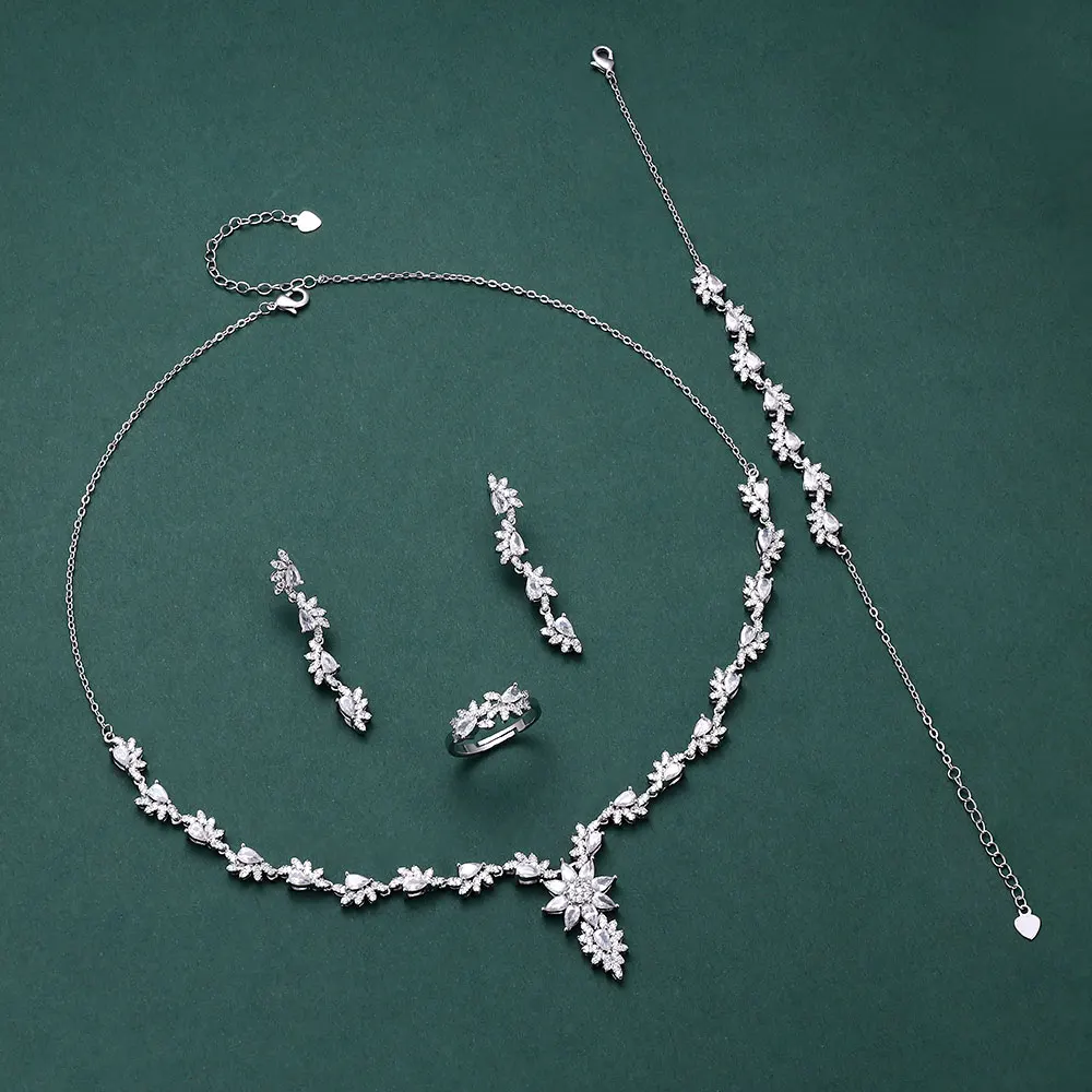 

Luxury Women's Jewelry Elegant Shape Bridal CZ Necklace Earrings 4 Piece Bridal Wedding Jewelry Set