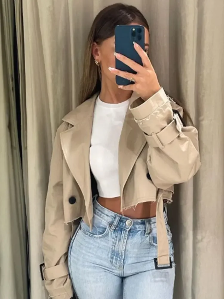 2024 Przycięta kurtka wiosenna z paskiem Kobiety Vintage Streetwear Dwurzędowy top z długim rękawem Kobiece stroje płaszczowe — zdjęcie 2