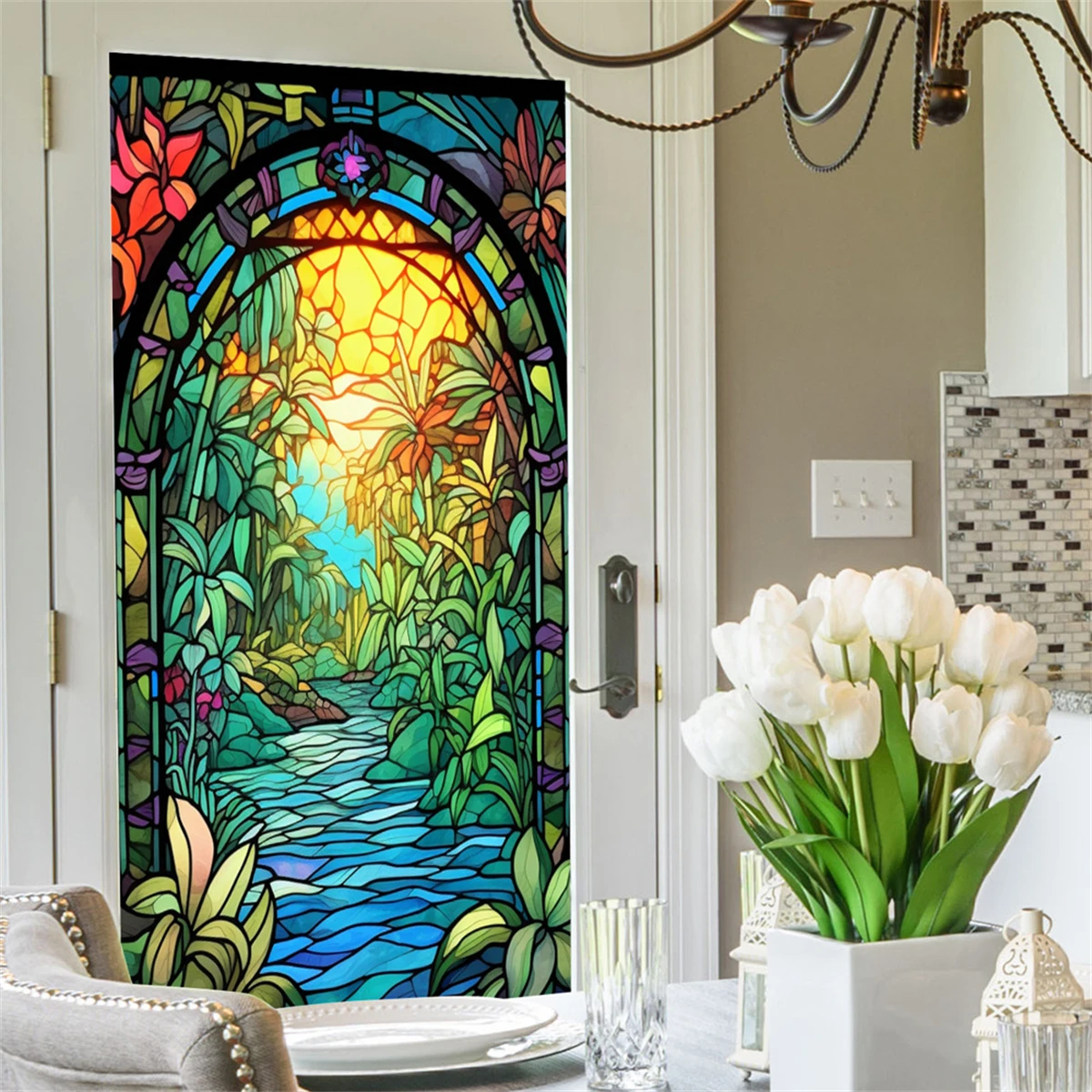 1pc Classic Floral Stream Stained Glass Effect Window Film PVC Static Cling Mount Decorative Privacy Vinyl Window Decal for Home