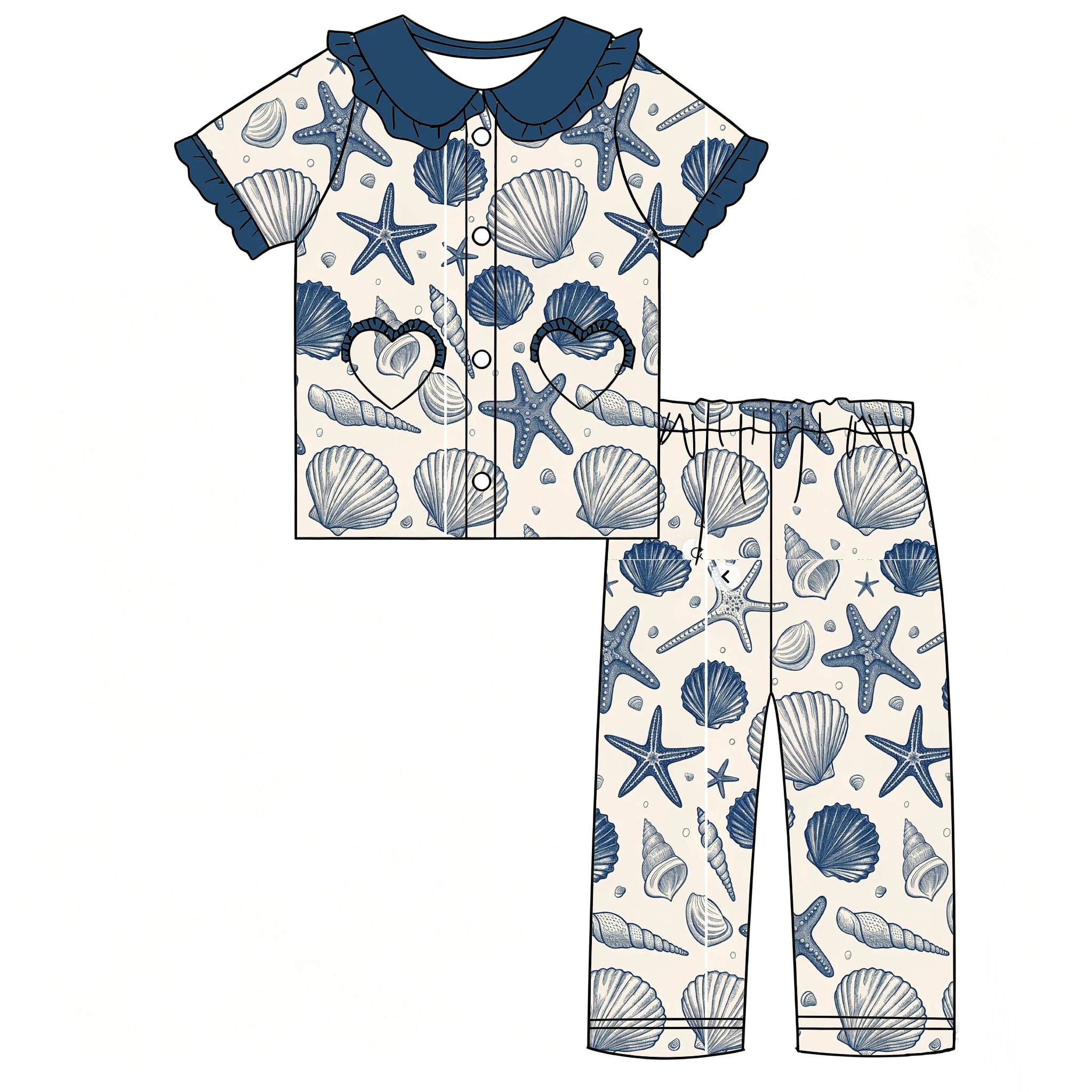 Boutique girl's pajama set Short sleeves trousers Lapel with ruffled heart-shaped pocket and buttons jellyfish shell boat print