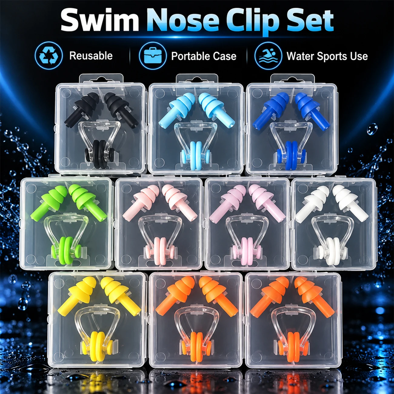 Swimming Ear Plugs Nose Clip Set Waterproof Silicone Earplugs with Storage Case for Adults Kids Swim Pool Accessories