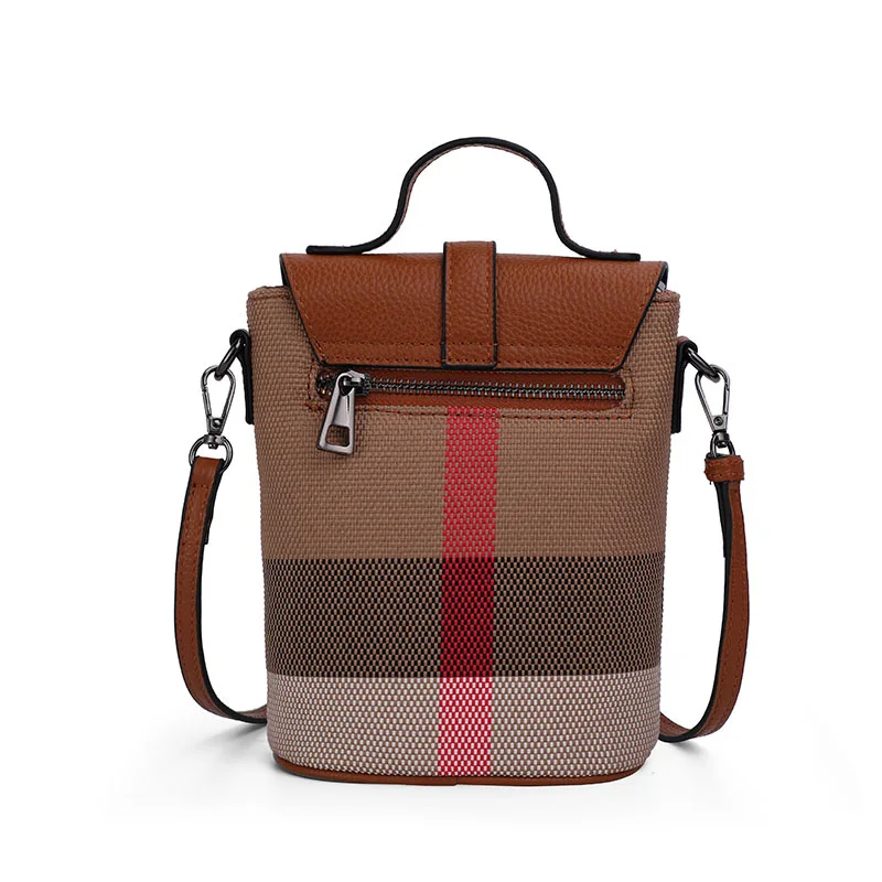 Classic plaid pattern women's single shoulder crossbody bag is a mini phone bag made of high-quality canvas and cowhide