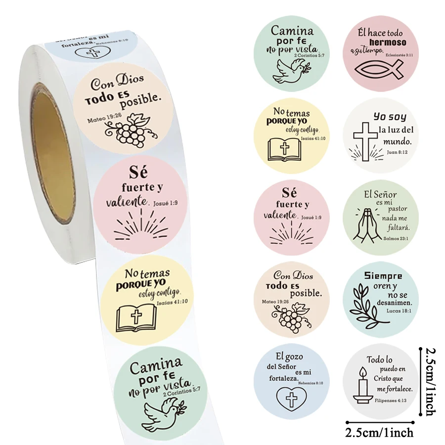 500 Pcs Spanish Bible Verse Stickers Roll, Pastel Round Scripture Quote Labels with Faith Icon Designs