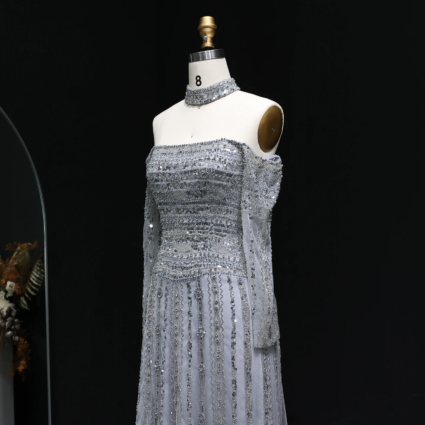 Sharon Said Luxury Silver Beaded Elegant Off Shoulder Evening Dress with Choker Long Sleeves Luxury Wedding SS178 Customized