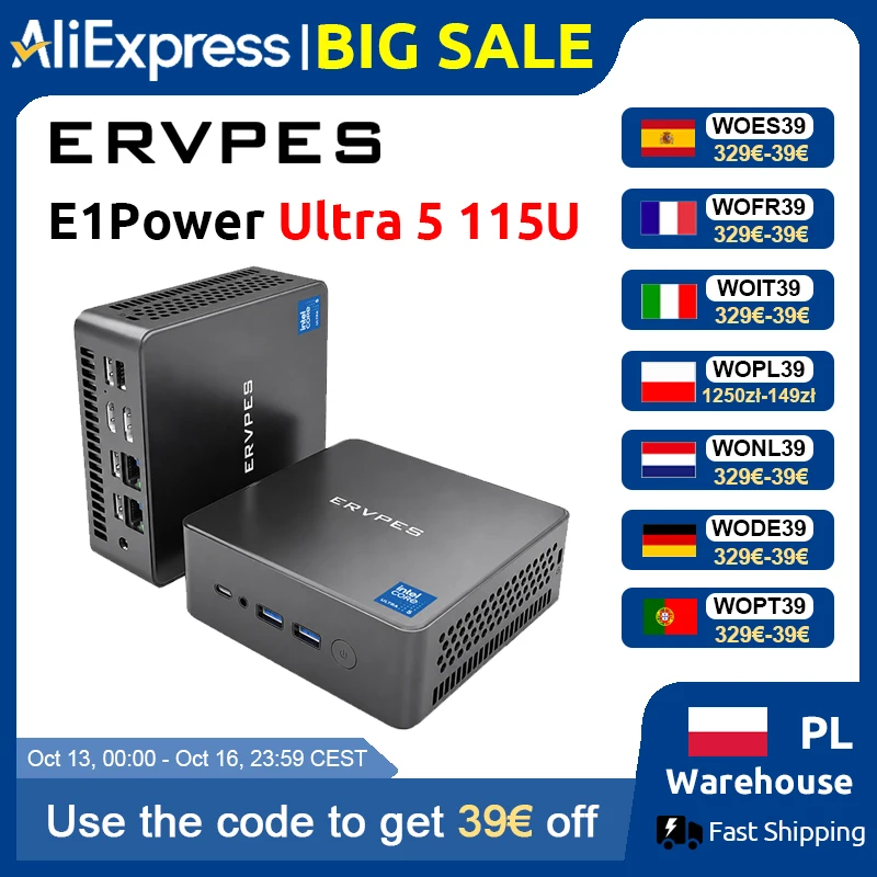 ERVPES E1Power Mini AI PC Intel Core Ultra 5 115U 8 Kerne 10 Threads 16GB LPDDR5 512GB SSD WiFi Bluetooth USB HDMI Typ-C Windows 11 Wifi 6 BT5.0