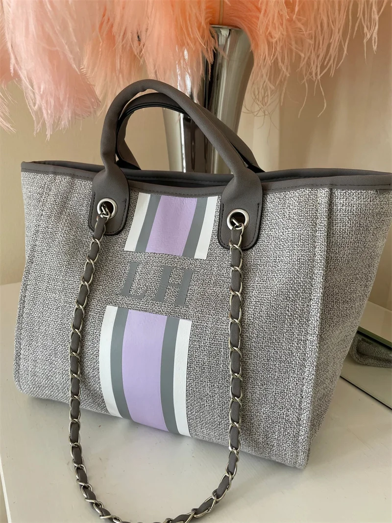 Personalized Monogram Tote Bag Canvas Customised Grey Lilac White Chain Handbag Personalised Stripe Initials Shoulder Tote Bag