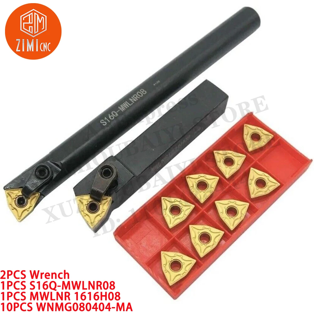 2PC S16Q-MWLNR08 + MWLNR 1616H08 Turning Tool Holder +10PCS WNMG080404-MA Carbide Insert CNC metal lathe mechanical cutting tool