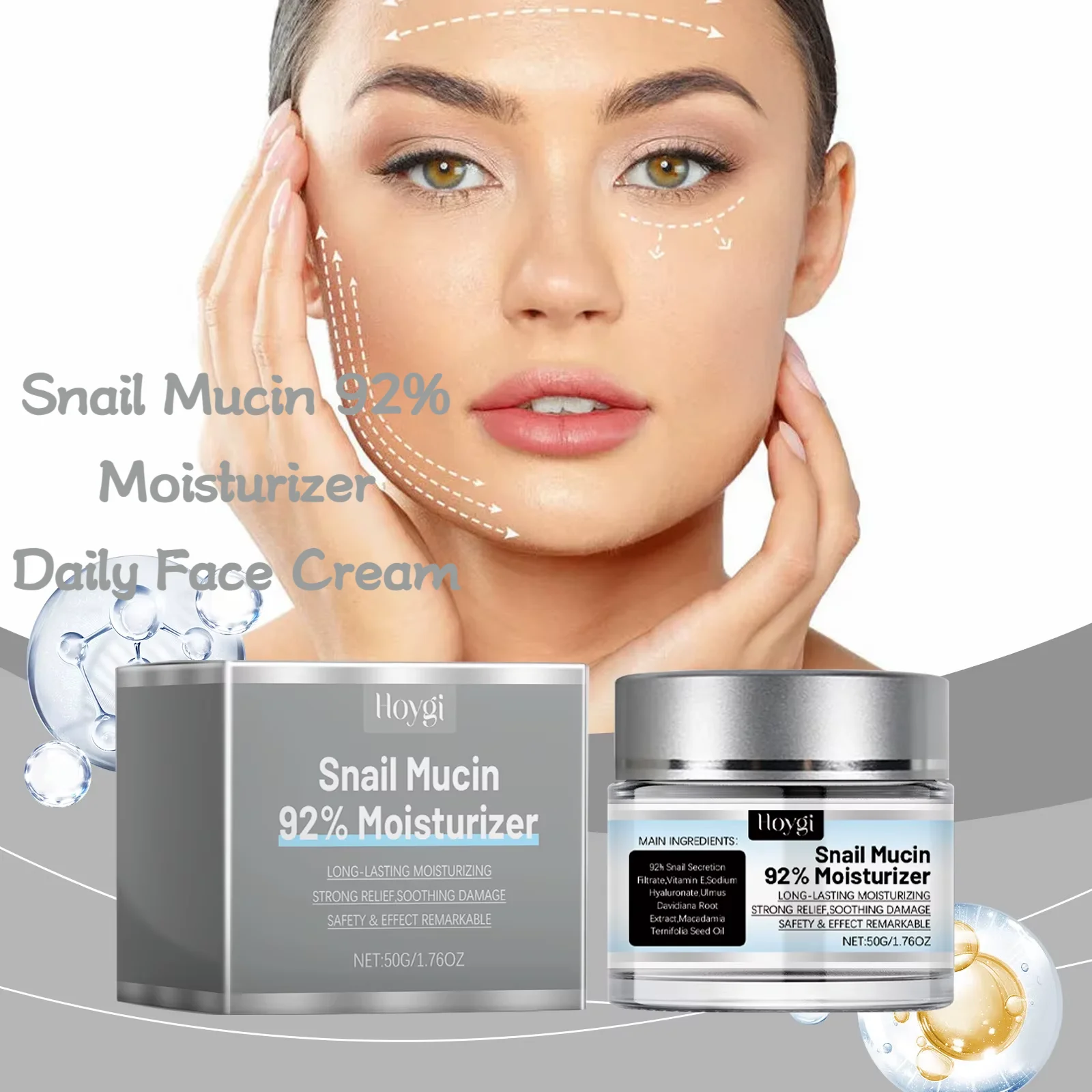 Hoygi 50g mucina de caracol 92% crema hidratante rejuvenecimiento facial diario mejora la embotamiento hidrata reparación aumentar la elasticidad crema