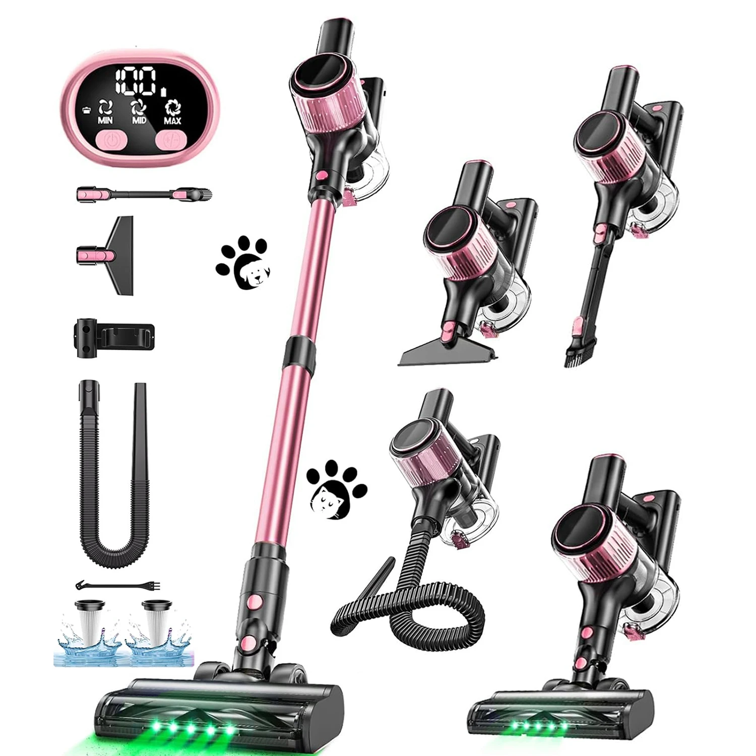 Aspiradora inalámbrica, 10 en 1, 50 kPa, potente succión, manguera, luz LED verde, cepillo antienredos, ligera y recargable, ideal para el hogar, pisos de madera, alfombras y pelo de mascotas. Rosa.