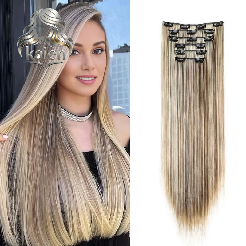Synthetic Clip Hair Extensions Straight Multi Pieces Set Gold Highlighted Mixed Colors for Women
