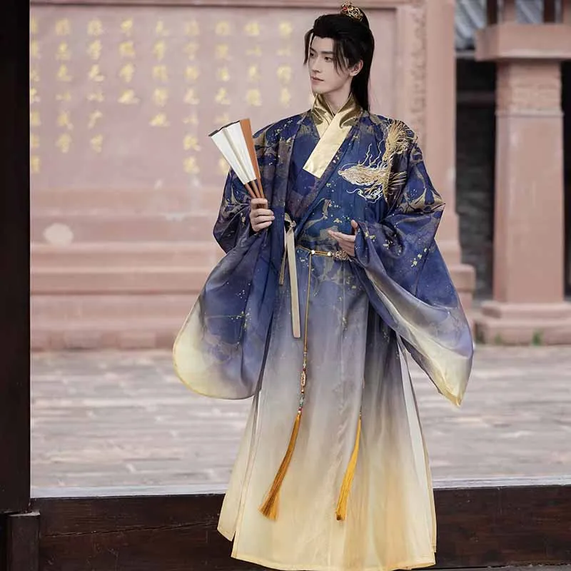 

Luxury Chinese Hanfu Men Ancient Embroidered Dragons Hanfu Gradient Blue Male Cosplay Costume Chinese Party Hanfu Tang Suit Men