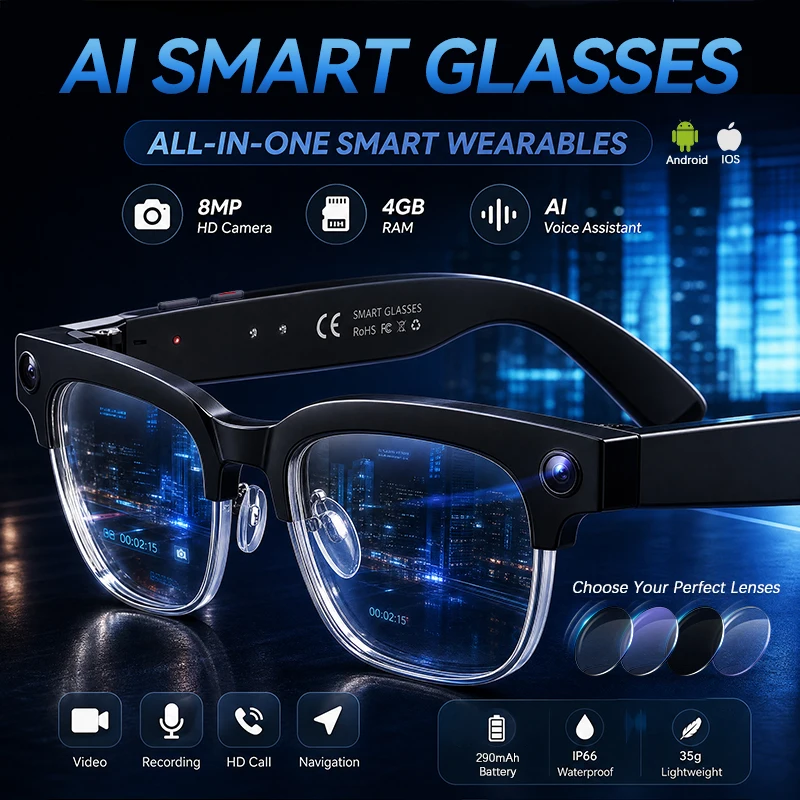 Nouvelles lunettes intelligentes 2026 avec caméra HD 1080P, enregistreur vidéo, mémoire 4 Go, reconnaissance photo IA, appels BT, traduction, commande vocale, pour hommes et femmes sportifs.