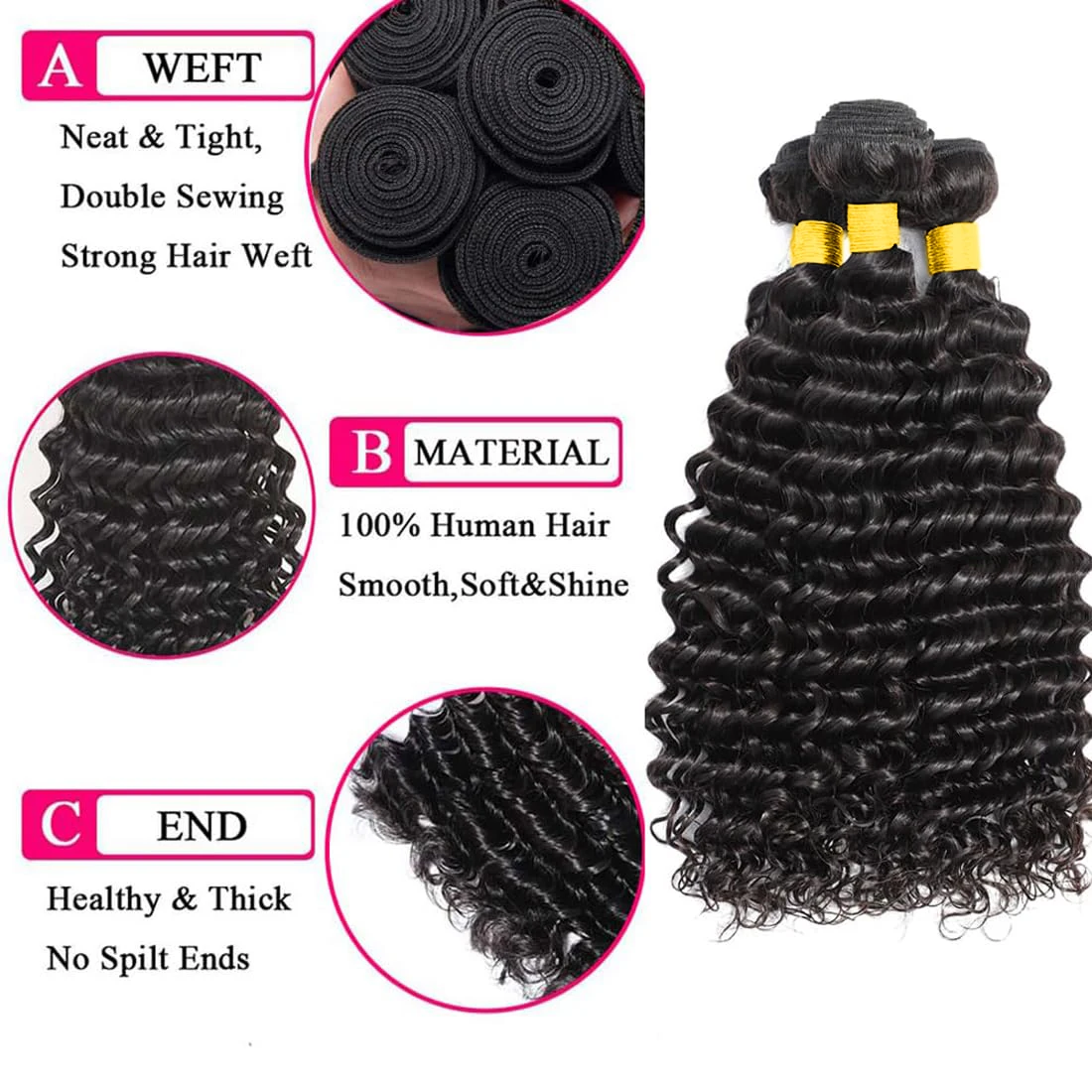 Brazilian Hair Deep Wave Bundles with Frontal 100% Virgin Human Hair 3 Bundles with 13x4 Lace Frontal Deep Curly Natural Black