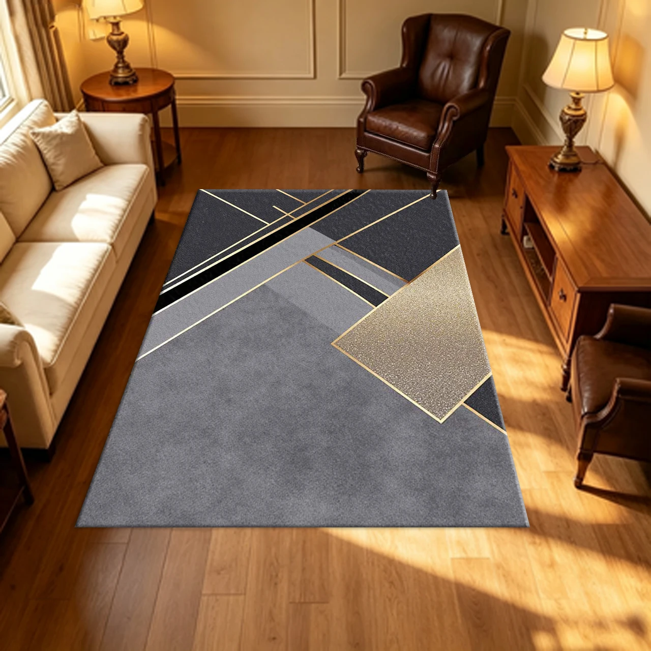 Luxury Gold Line Geometric Carpet Flooring Modern Home Living Room Bedroom Area Rug Indoor Household Floor Cover