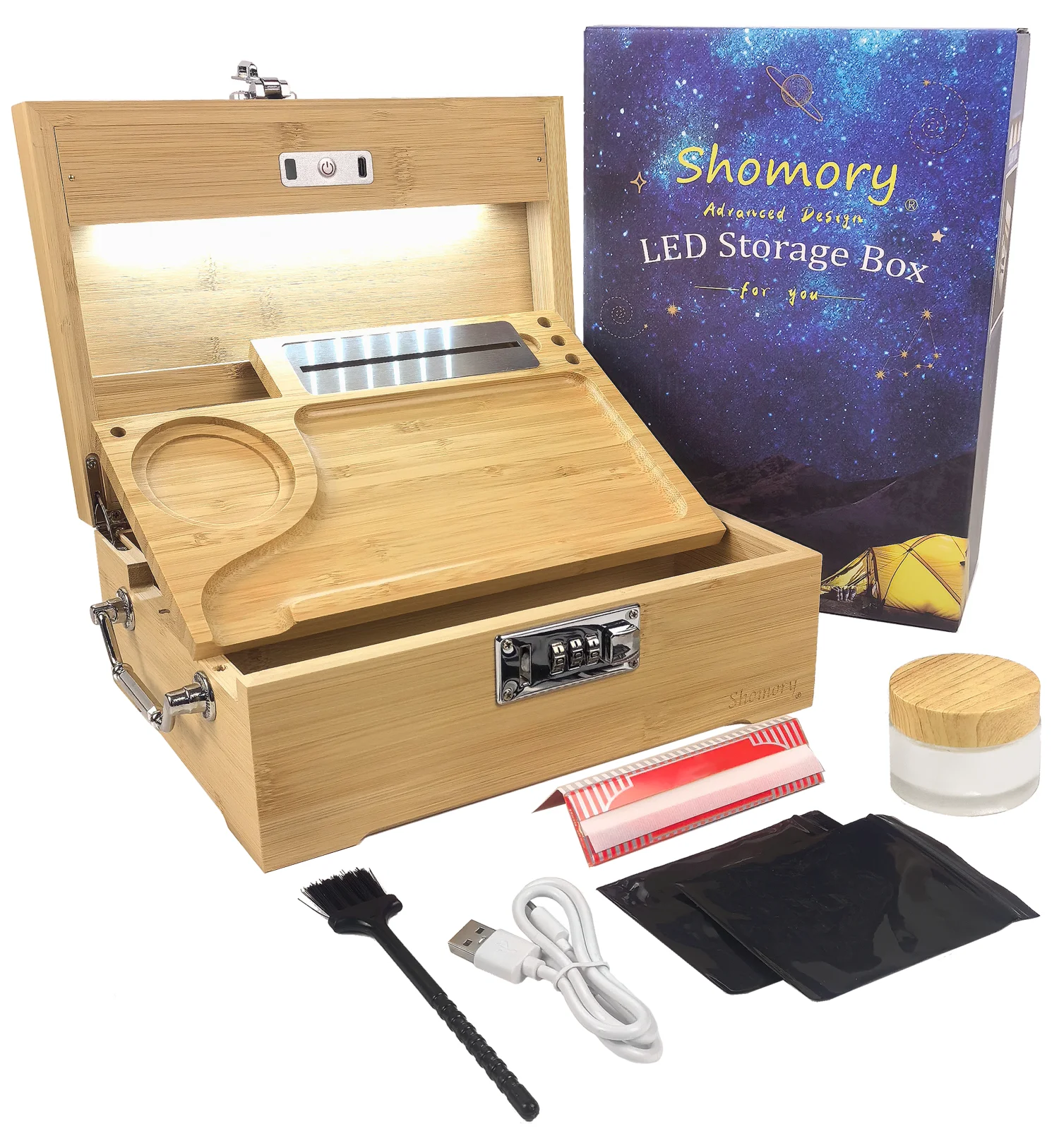 Wooden LED Storage Box with Rolling Tray Bundle, Locking Bamboo Smell Proof Decorative Box Rolling Kit with Accessories, Rolling