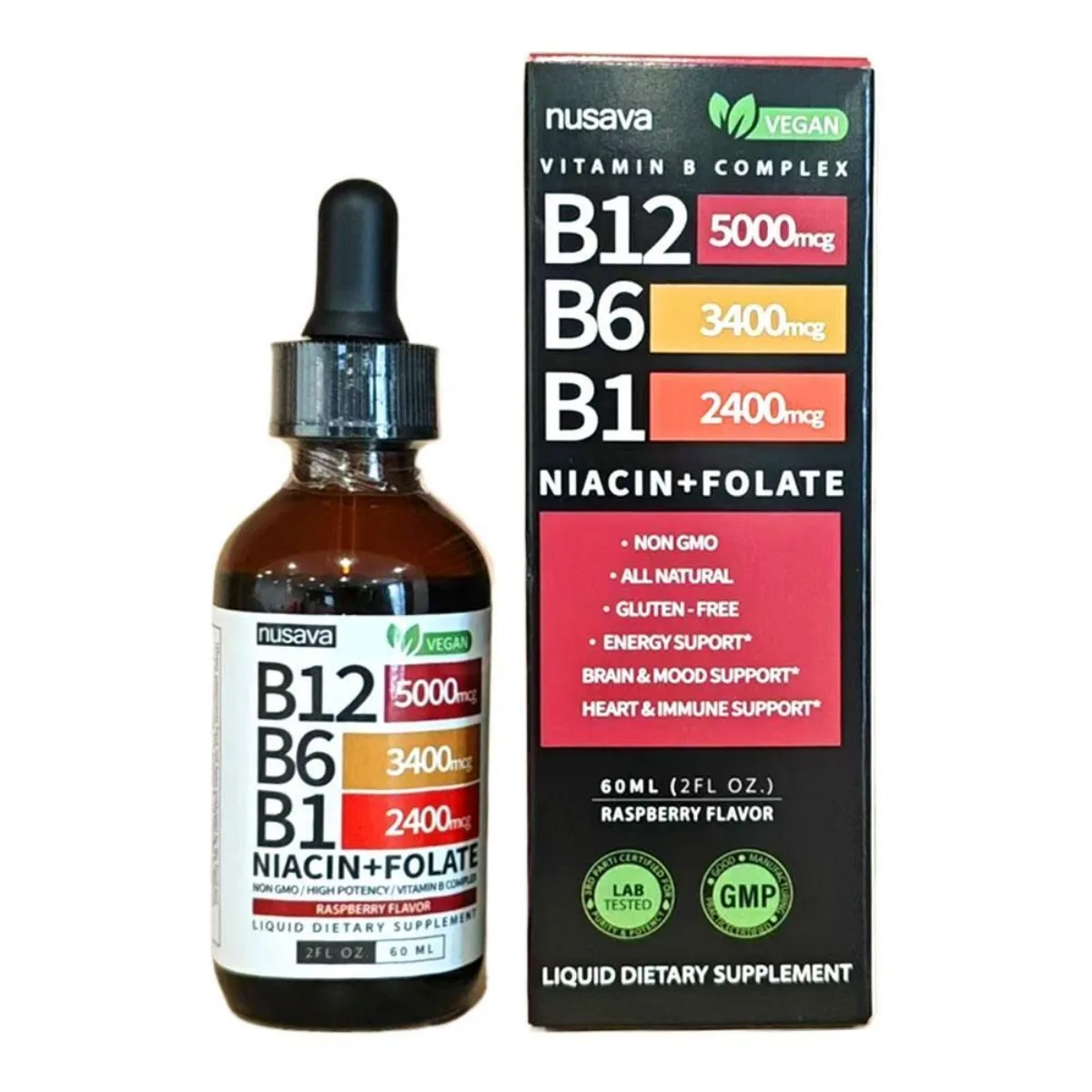 Nusava فيتامين B12، B6 وB1 قطرات سائلة 60 مل، مركب Sublingual B، يحتوي على نيكوتيناميد وحمض الفوليك، يدعم صحة الدماغ والقلب والجلد