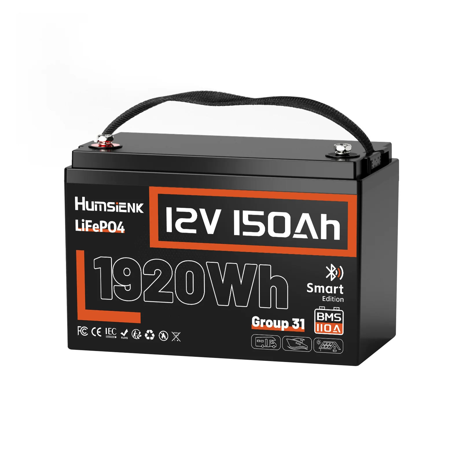 Humsienk 12V 150Ah LiFePO4 Lithium-Batterie mit Bluetooth, 1920Wh Energie, 15000+ Zyklen Wiederaufladbare Leichtgewicht-Lithium-Batterie für Trolling-Motoren, Off-Grid, Boote, Wohnmobile, Solar (12,8V