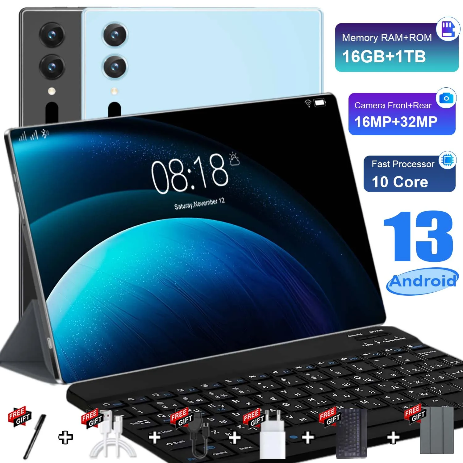 Tableta portátil con batería de 12000 mAh, procesador de 10 núcleos, Android 13, 16 GB de RAM, 1 TB de ROM, cámara de 16 MP + 32 MP, 5G y