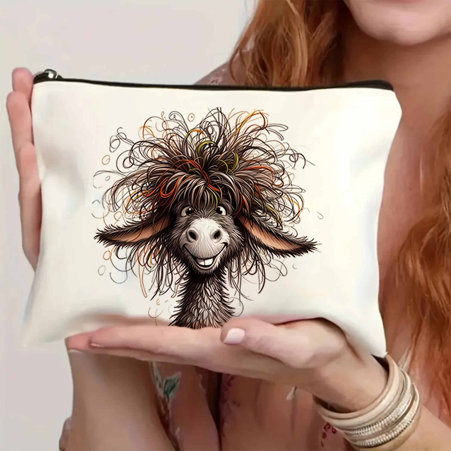 1Pc Cute and Humorous Donkey Retro Design Multifunctional Travel Makeup Bag, Snack Storage Bag, Stationery Storage Bag, Fashionable Toiletry Bag, Canvas Double-Sided Printed Zipper Pouch