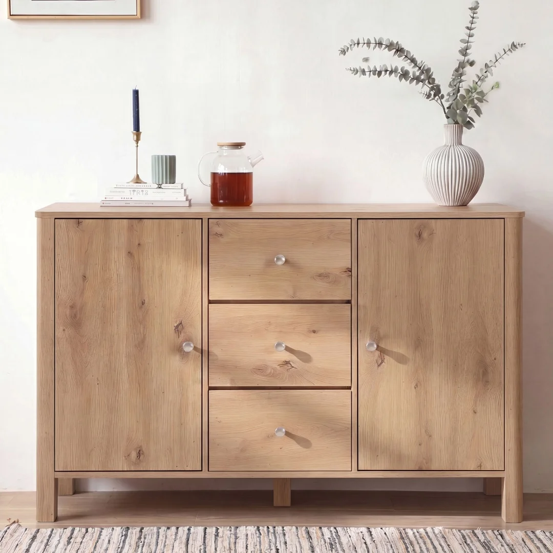 Moderne eiken vrijstaande opbergkast met 3 laden en 2 deuren, zilverkleurige metalen handgreep, 120×40×80cm voor slaapkamer, eetkamer, woonkamer