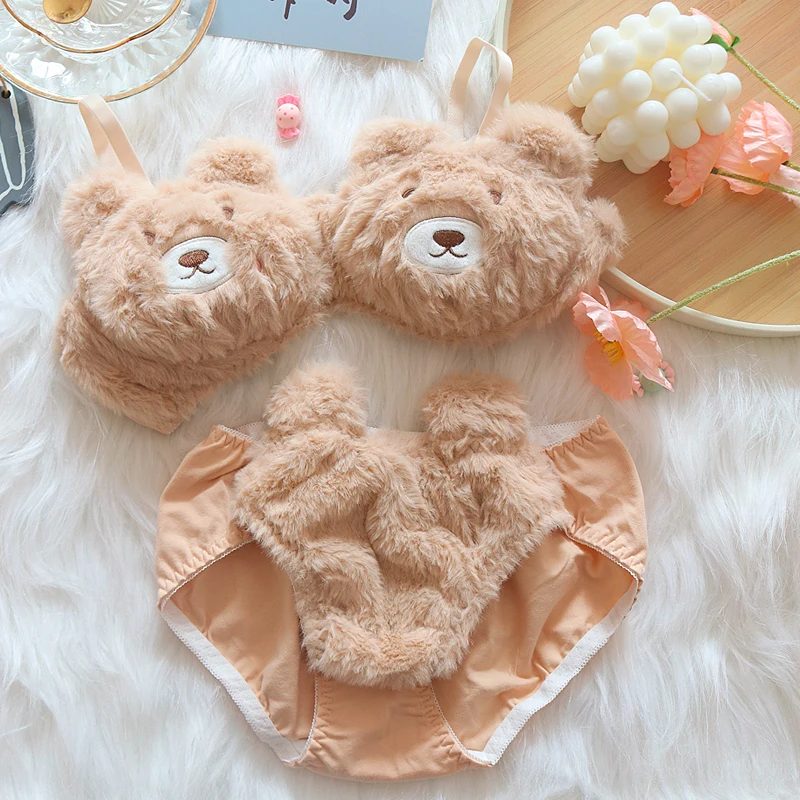 Autumn and winter cartoon plush underwear female bear comfortable and cute lingerie panty suit Japanese girl bra set