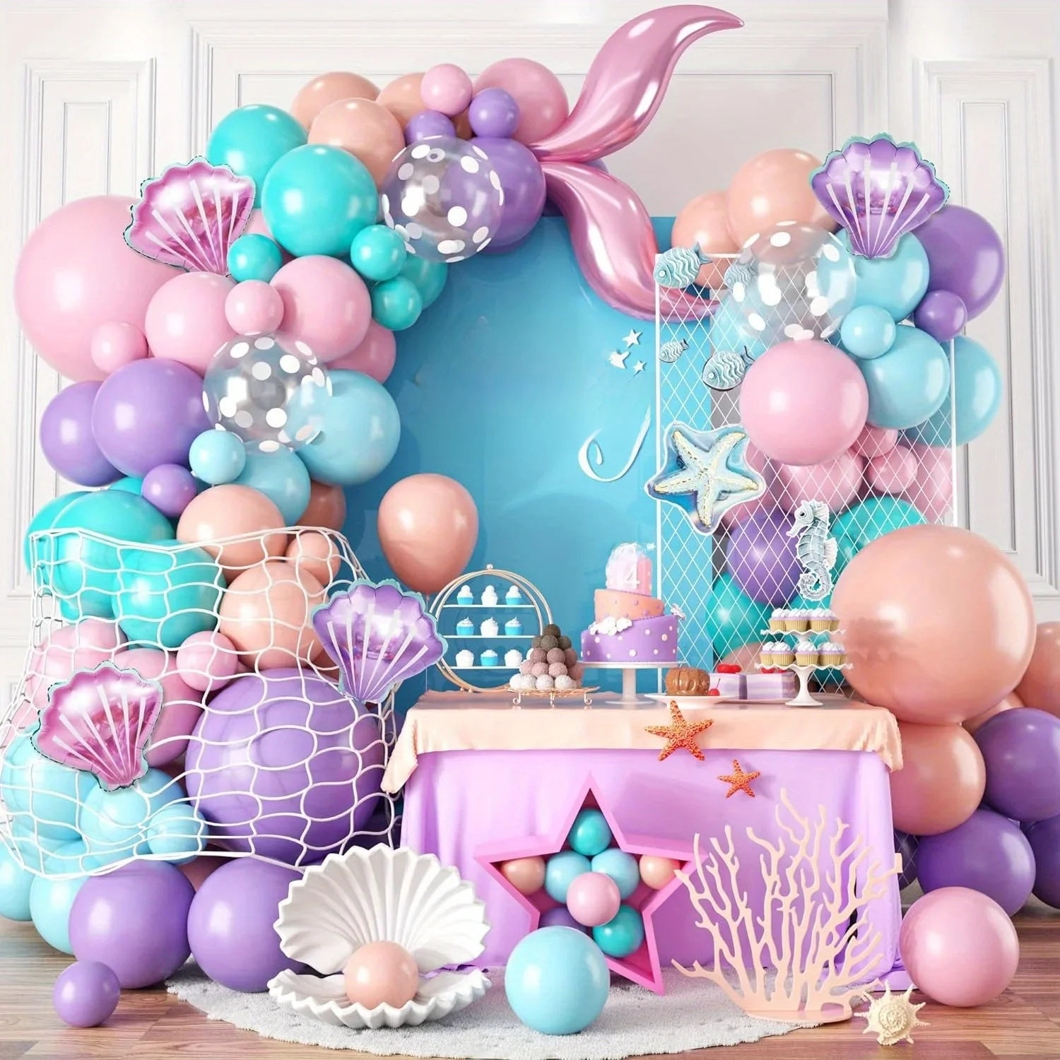 127 sztuk syrenka zestaw łuków balonowych, różowy fioletowy pomarańczowy niebieski balon w kropki motyw oceaniczny syrenka księżniczka dekoracja urodzinowa — zdjęcie 2
