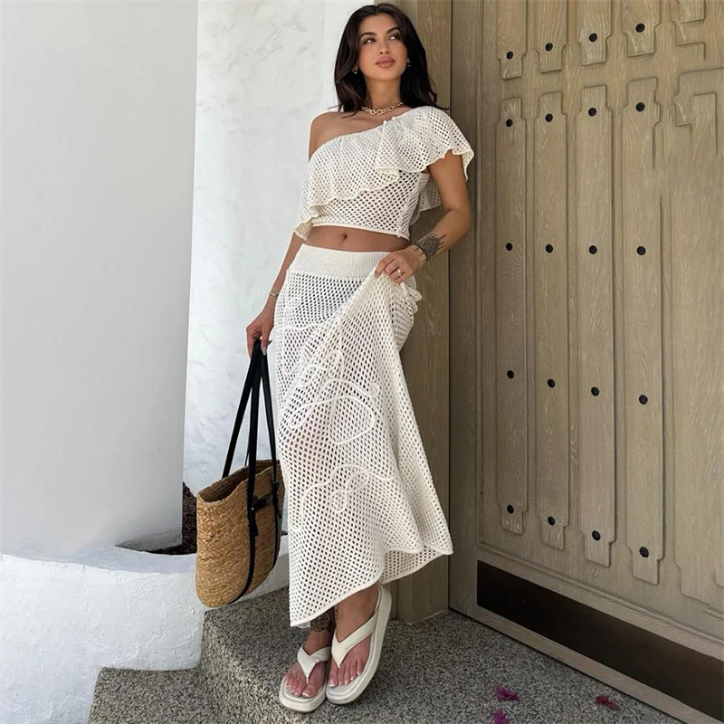 2 PCS Beach Dress Knit Bikini Cover-up Sexy One Shoulder Flounce Crop Top and High Waist Skirt Wrap Women Crochet Swimwear