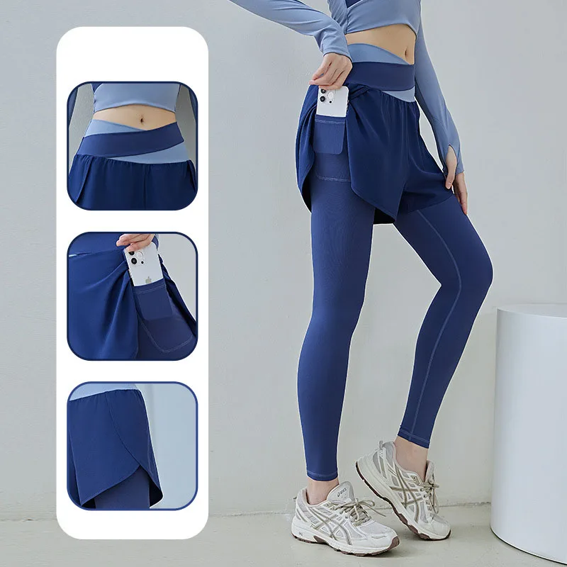 

PINGNIAO new gym color matching anti-exposure fake two-piece set high-waisted yoga pants with pockets sports fitness pants