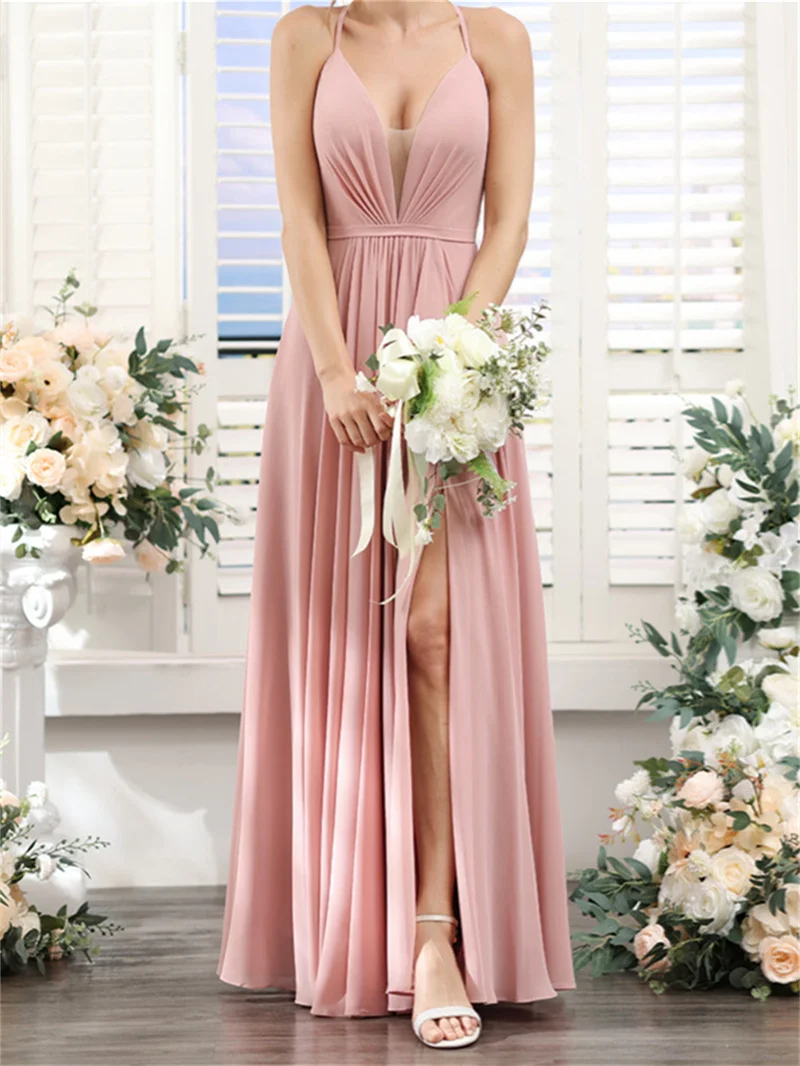 Chiffon Spaghetti Straps V-Neck Evening Dresses With Split Sleeveless Backless Corset Prom Grown A-line Long Bridesmaids Dress