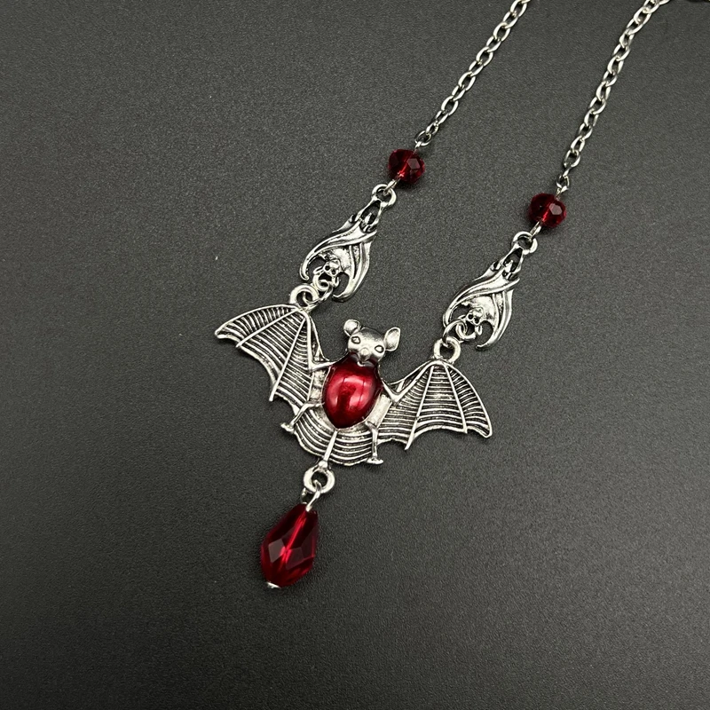 Stunning Gothic Vampire Bat Necklace Red Crystal Beads Vampire Bat Necklace Gothic Jewelry, Statement Necklace,