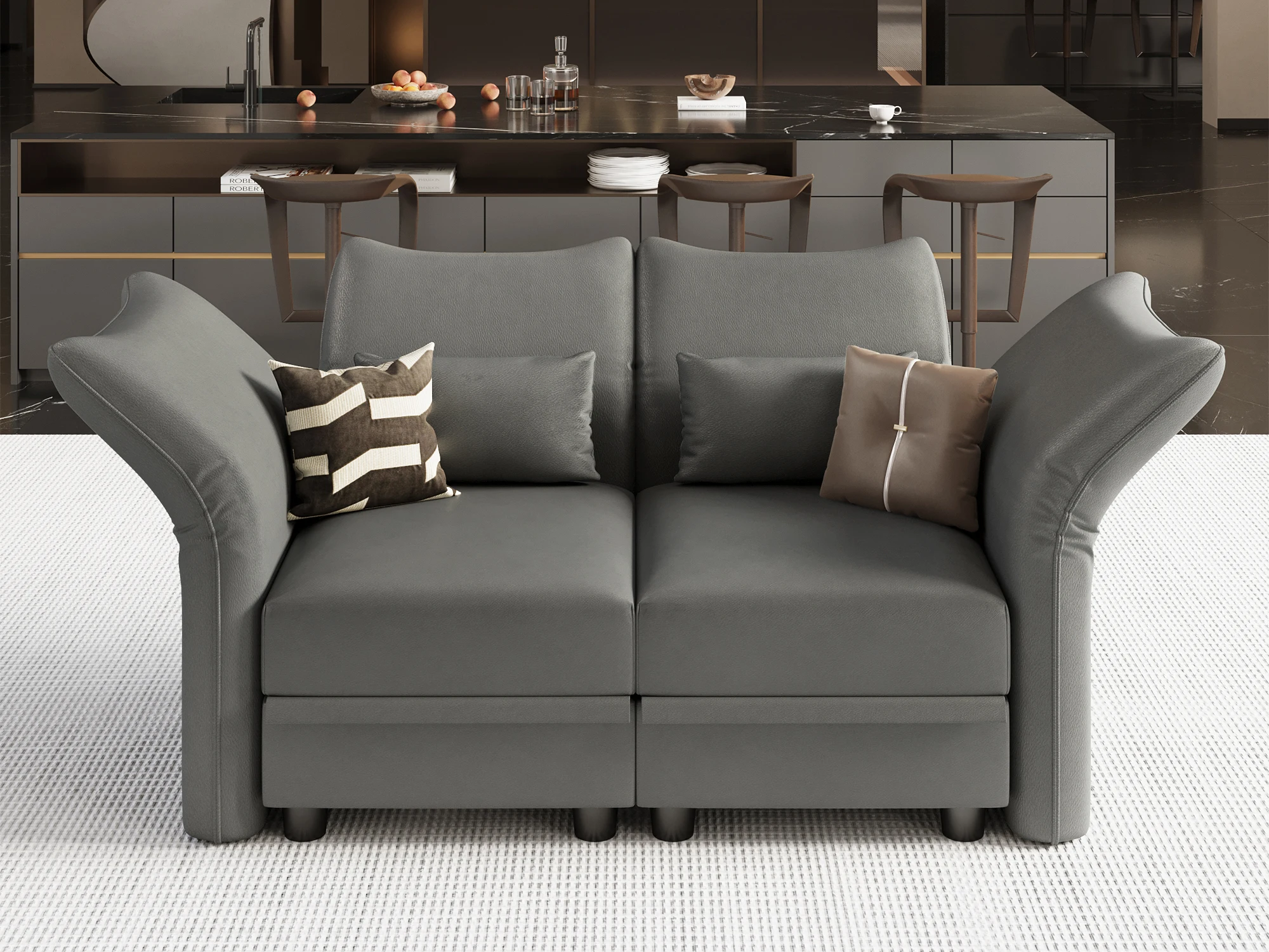 Faux Leather Modular Sectional Loveseat Sofa with Storage, Love Seat 2 Seater Couch Perfect Small Apartment Grey