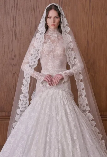 LumiGown 2026 Ivory High Neck Ballgown Wedding Gown Sheer Floral Lace Long Sleeve Ruffle Skirt Floral Tulle Veil Wedding Gown