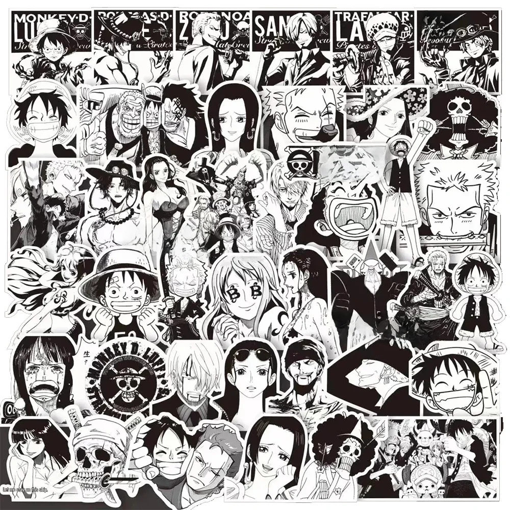 10/30/65 Stück schwarz-weiße einteilige Aufkleber Luffy Zoro Anime Aufkleber Skateboard Motorrad Tasse Briefpapier klassisches Spielzeug Aufkleber