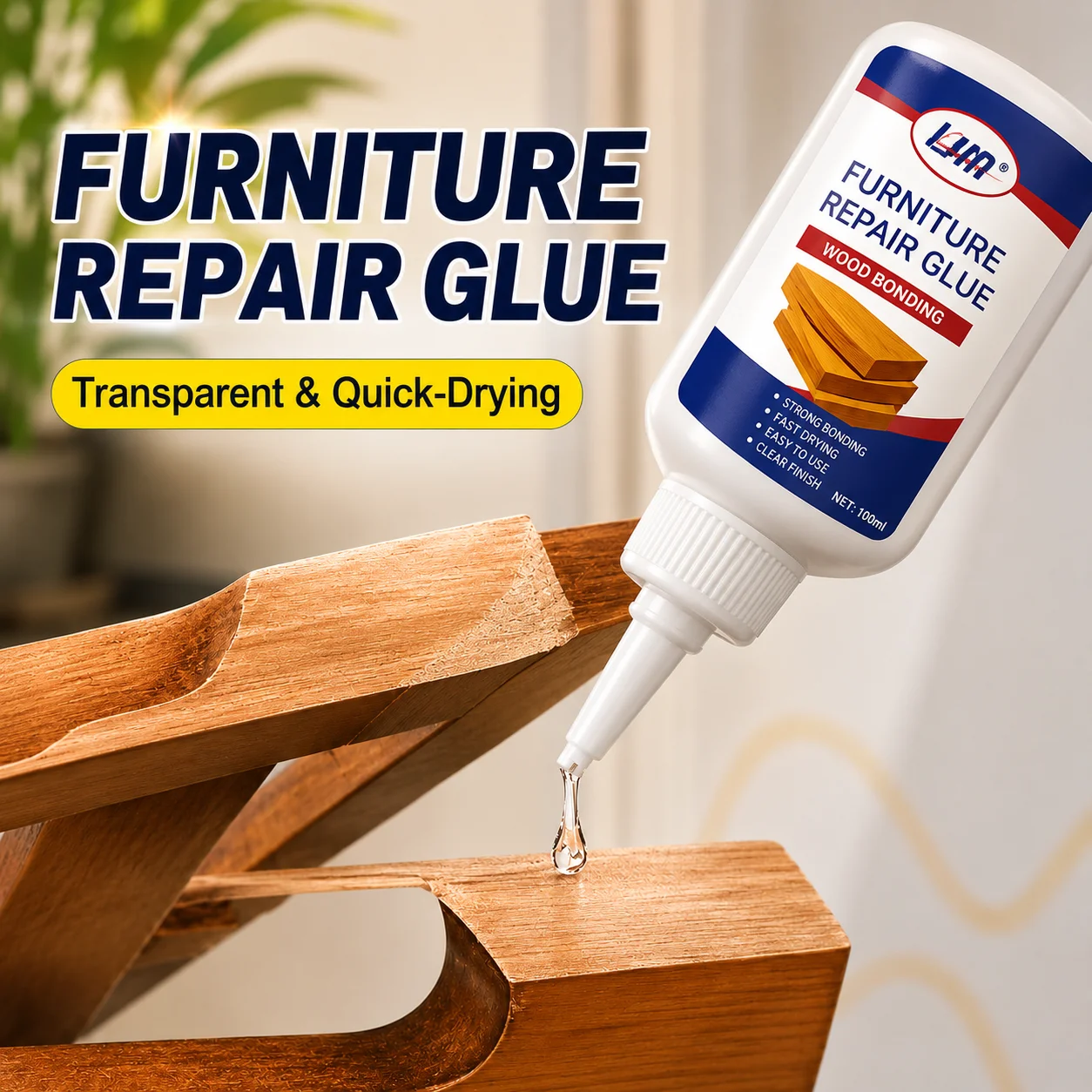 KJM Heavy-Duty Liquid Wood Glue: Strong Bonding for Cabinet/Table Edges, Quick-Setting, Fits Wood, MDF & Particle Board