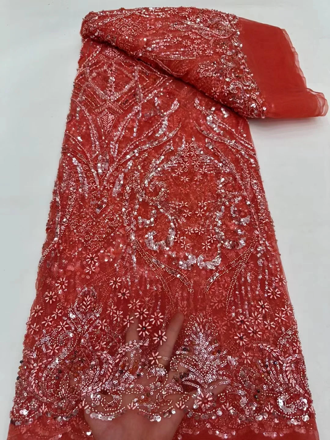 Tela de encaje de lentejuelas africanas, bordado 3D de alta calidad, cuentas de flores francesas, encaje de red Nigeriano para vestido de fiesta de boda, lo último de 2024