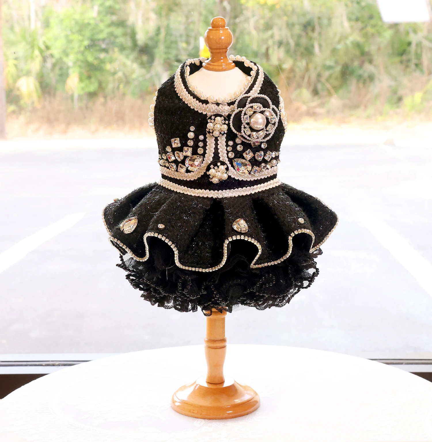 

Handmade Black Tweed Pearl Dog Dress Luxury Rhinestone Bow Formal Skirt Small Pet Evening Outfit Princess Party Costume