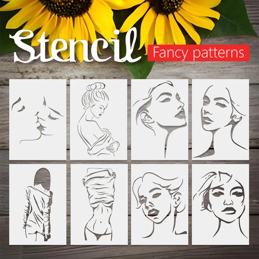 8PCS A4 Artistic Silhouette Stencil for DIY Woman Portrait Design for Wall Canvas, Furniture Reusable High-Quality PET Materi