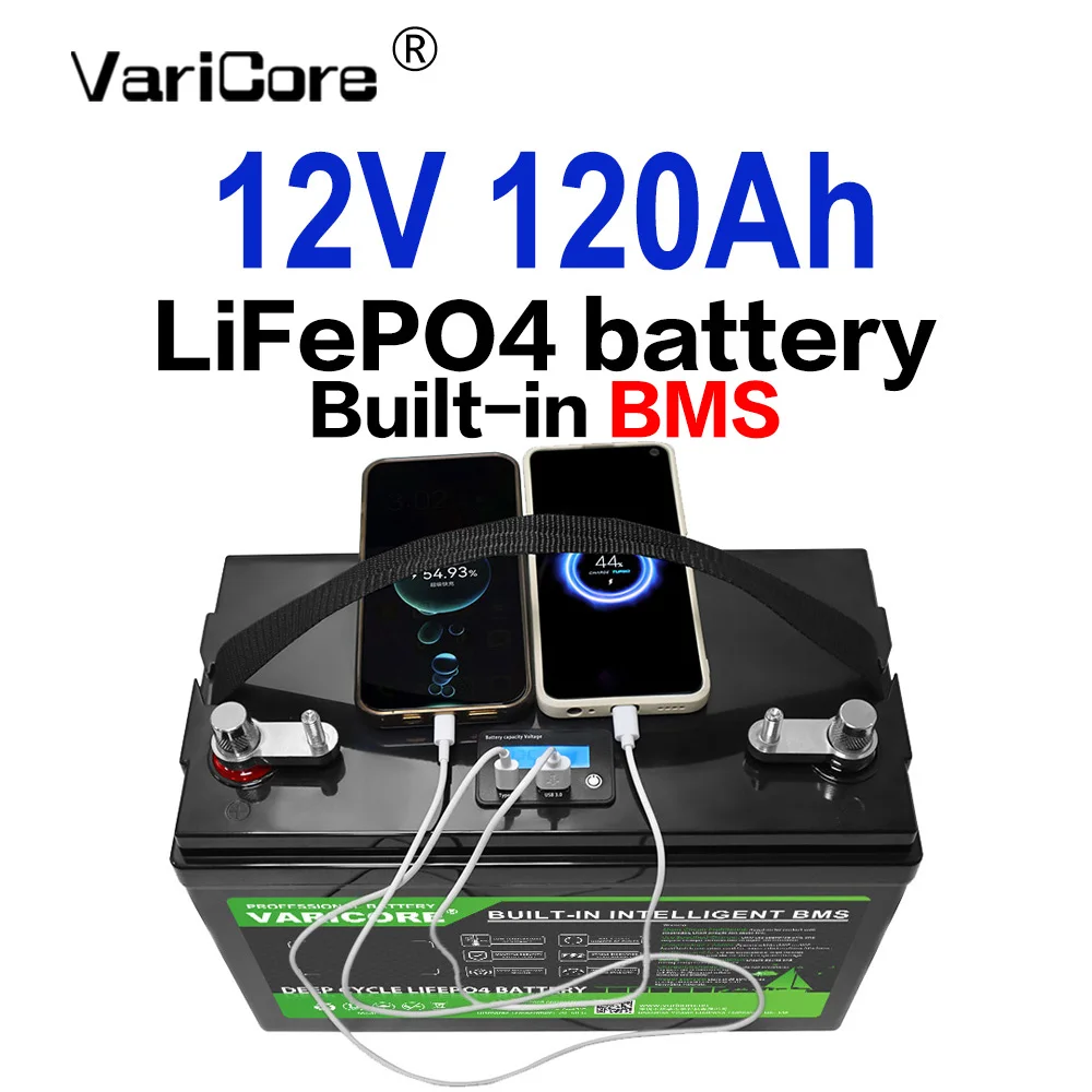 Hoge Veiligheid VARICORE 12V 120Ah Deep Cycle LiFePO4 Batterij Smart BMS LCD Monitor Voor Thuis Backup Solar Camper Marine Gebruik