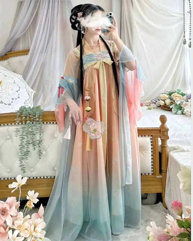 Vestido de Hanfu chino para mujer, traje de Cosplay de Hada de carnaval, trajes Tang degradados, estampado tradicional chino