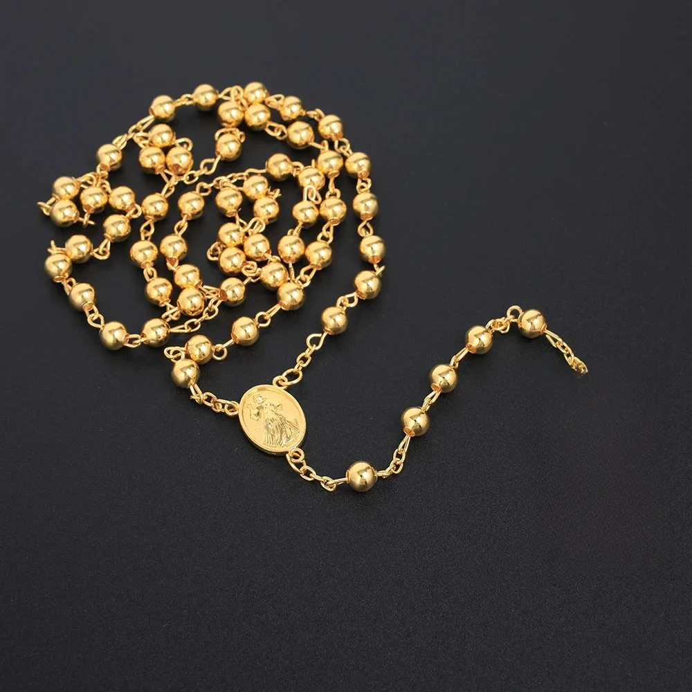 Collier chapelet couleur or pour femmes et hommes, longue chaîne de perles de 6MM, pendentif croix Crucifix, prière religieuse, bijoux cadeau de fête