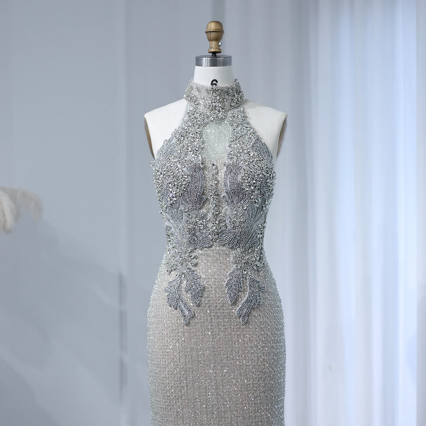 Sharon Said Halter Silver Nude Beaded Luxury Evening Dress for Women Wedding Backkless Arabic Formal Party Gown SS408 Customized image 2