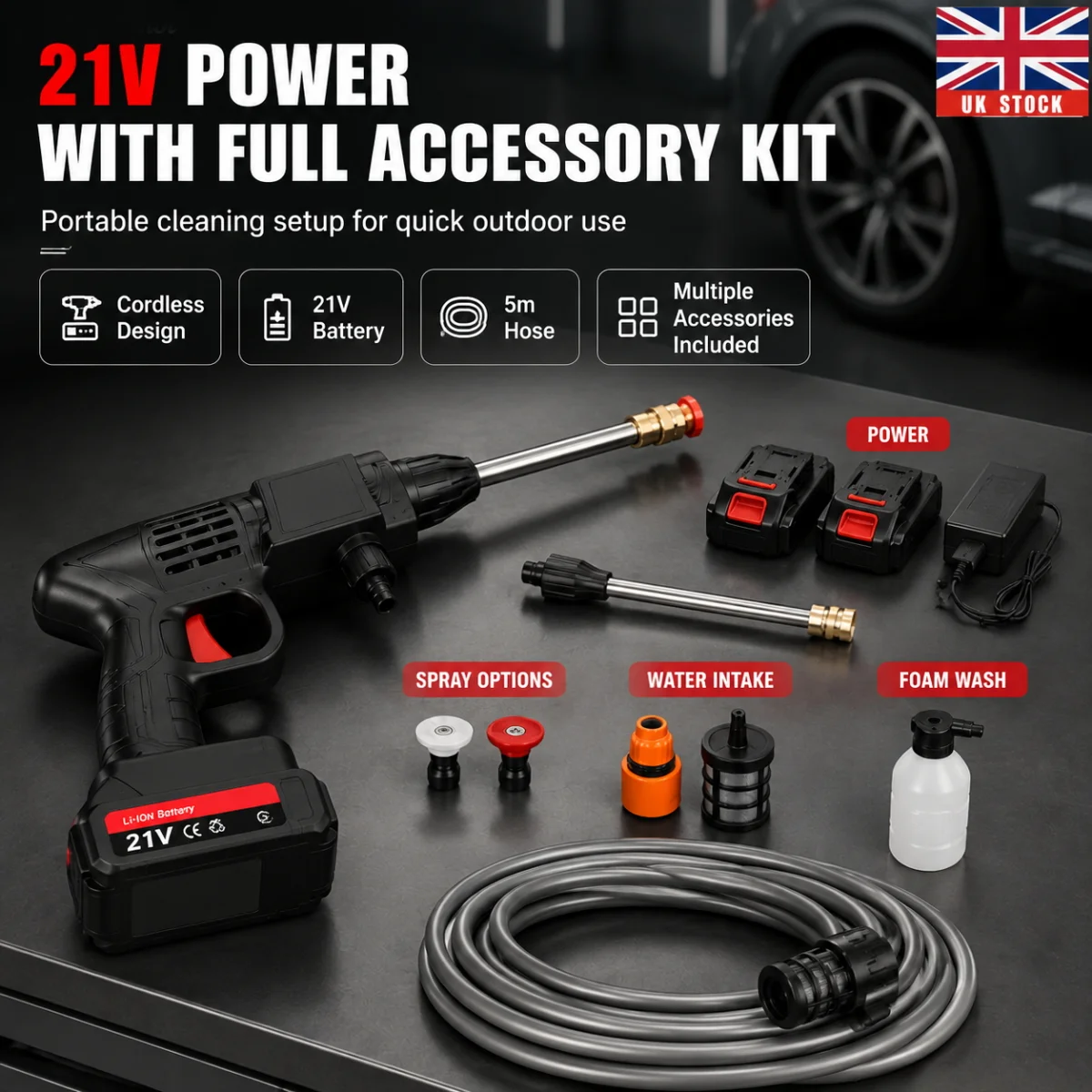 2 Battery Cordless Pressure Washer 1800PSI 125Bar, Portable Jet Wash Car Cleaner Gun with 6-in-1 Nozzle 10m Hose UK Plug for Car Patio Garden