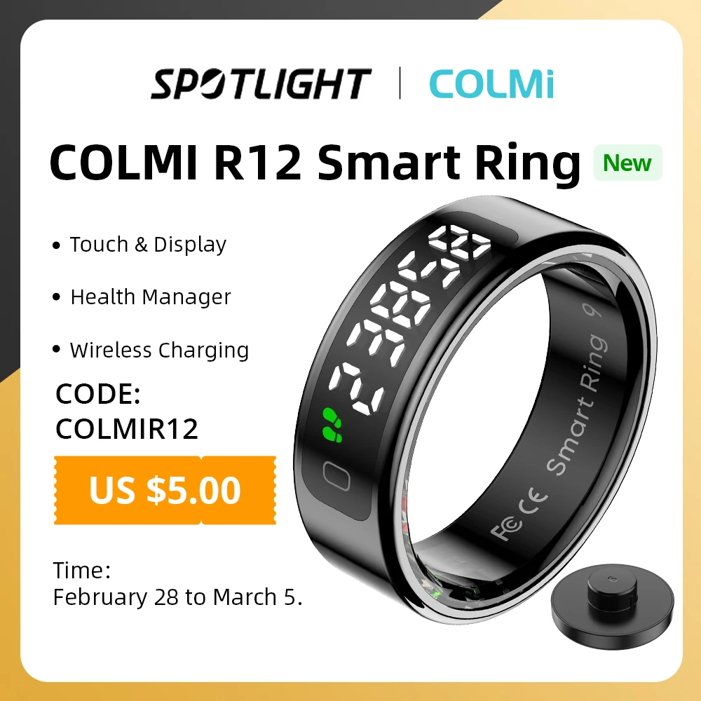 COLMI R12 Smart Ring with Display Screen and Touch, Health Manager, Wireless Charging, 5 ATM Waterproof For Men Women