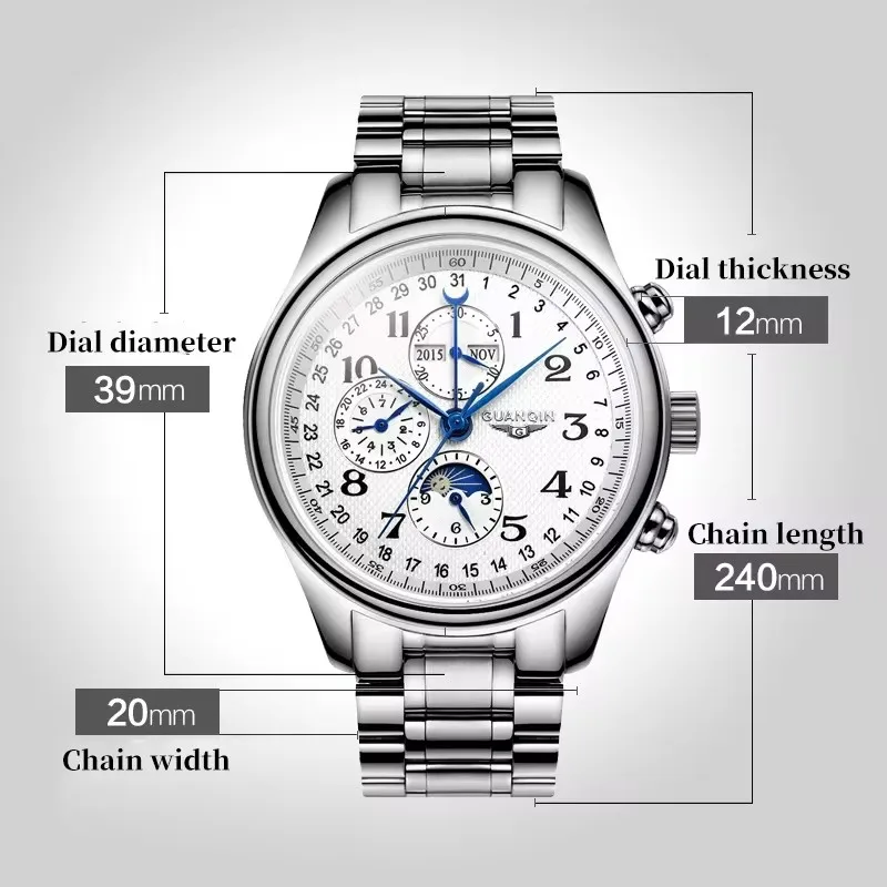 GUANQIN 2024 Men Watches Top Brand Luxury Mechanical Automatic Stainless Steel Waterproof Moon Watch Sapphire Wristwatch Clock