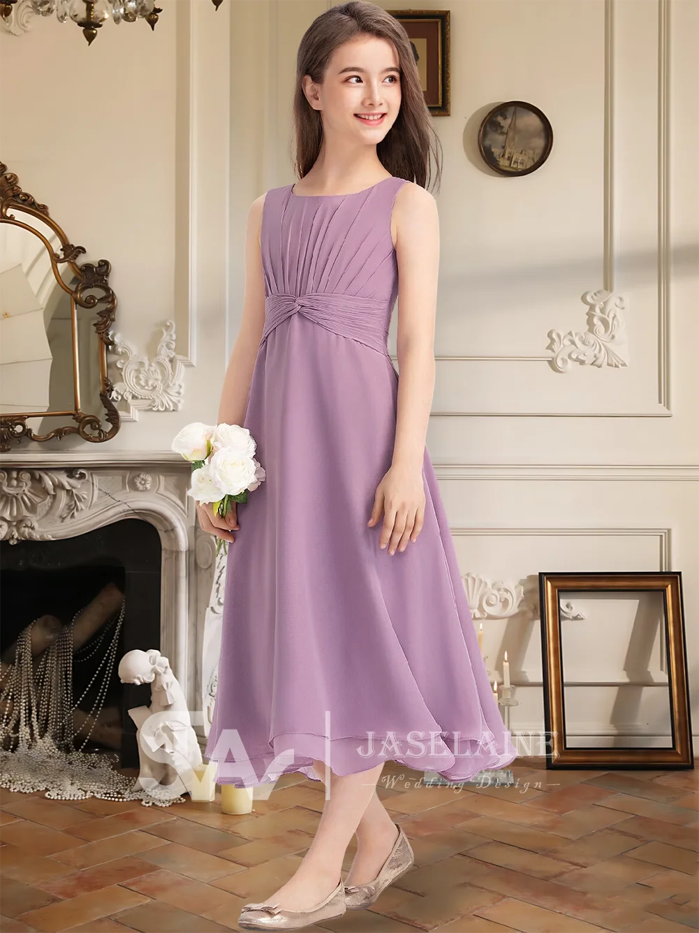 Элегантное платье подружки невесты из шифона и квадратной длины, платье с цветочным узором для девочек, трапециевидное платье без рукавов для свадебной вечеринки, торжественное мероприятие для девочек