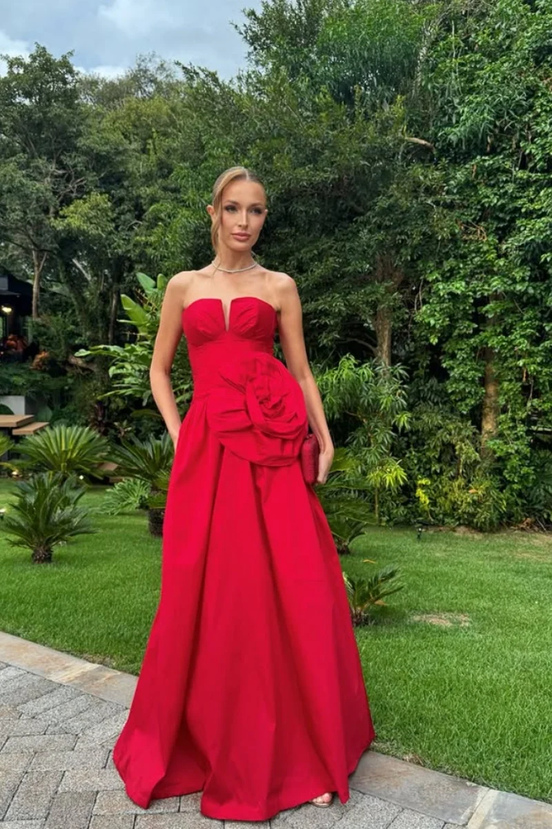 Jessica Sweet Red Evening Dresses Handmade Floral Taffeta Prom Dresses Sexy Off-shoulder A-line Vestidos De FiestaCustomized