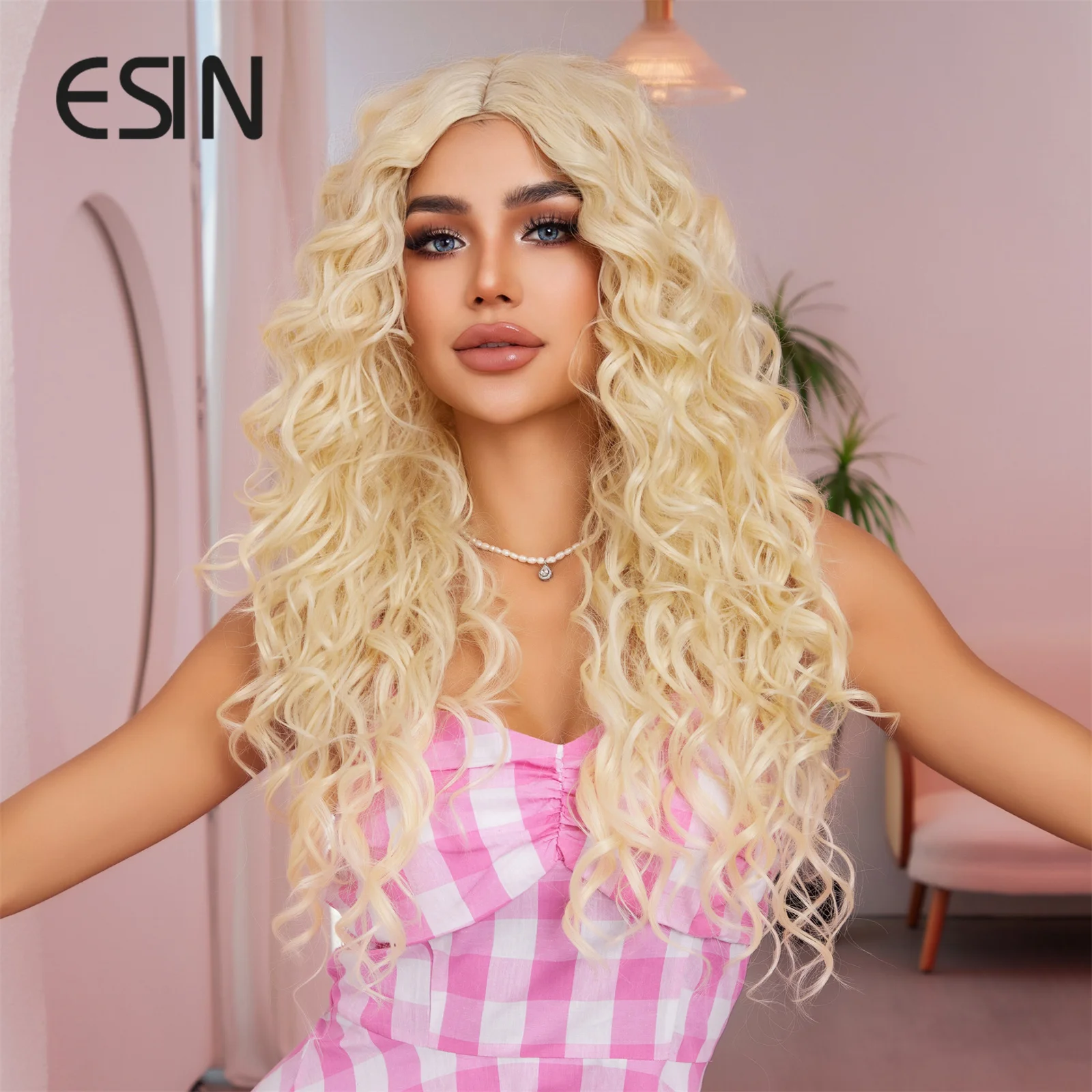 ESIN Synthetic Barbie Hair Wigs Long Water Wave Yellow Blonde Color Middle Part Wigs for Women Natural Party Heat Resistant