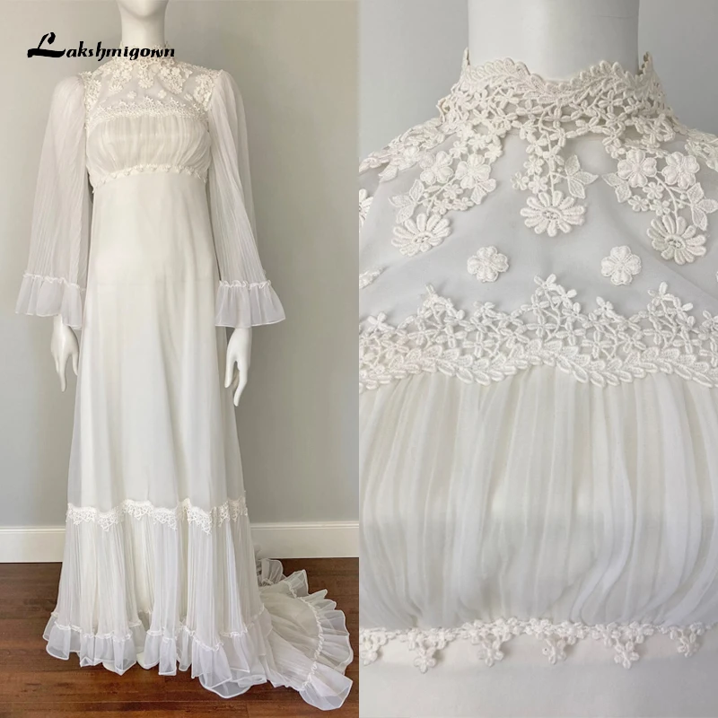 Boho gola alta completa manga alargamento do laço apliques a linha vestidos de casamento rede vestidos de noiva varrer zíper piso robe de mariée